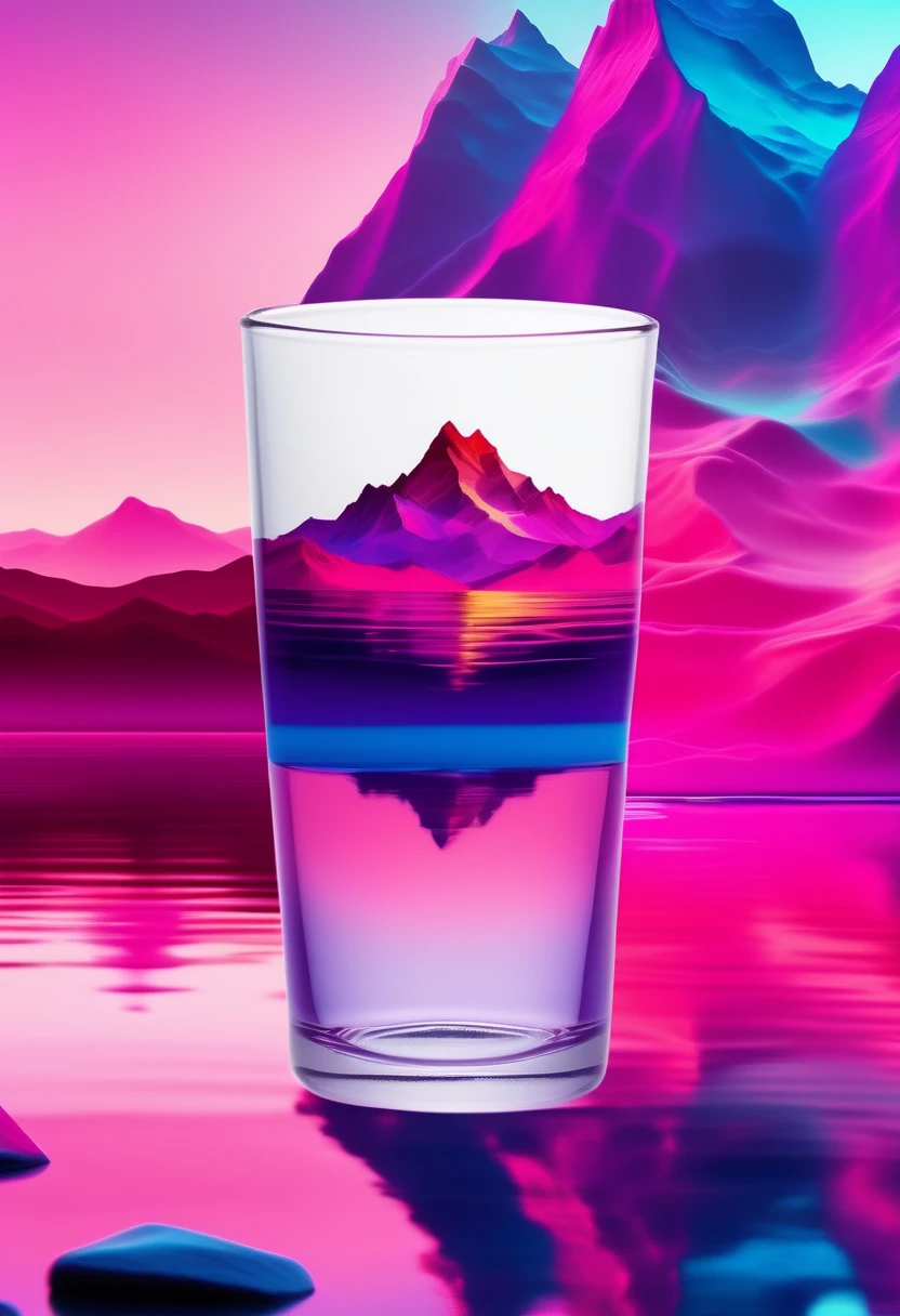 <lora:cup_Î²:1> A clear glass with its base set against a vibrant, digitally modified landscape background, The background features pink and purple mountains, reflected in the water's bright Tiffany Show colors. The sky is also tinted with pink and purple hues, creating an overall surreal and visually striking scene