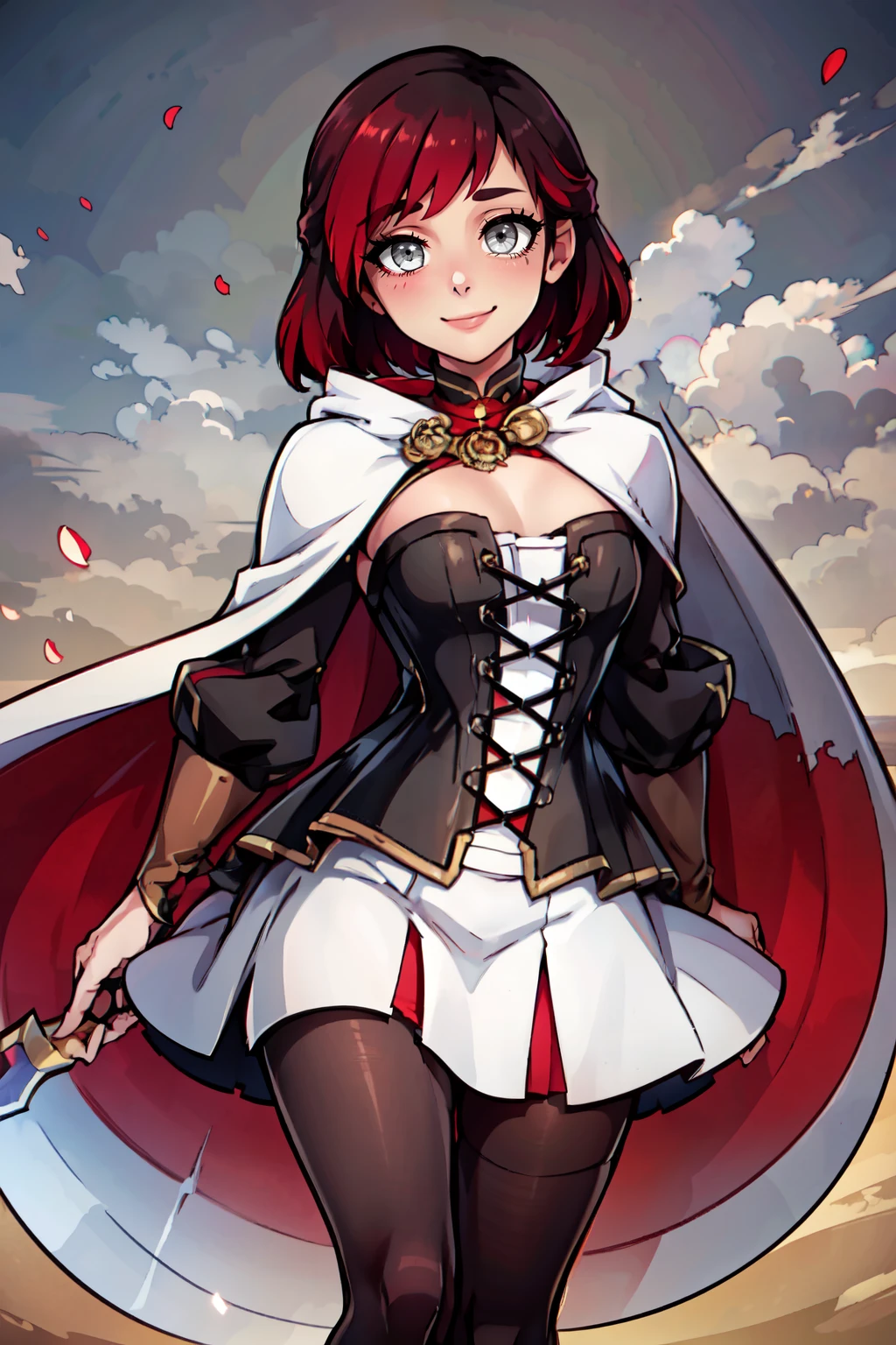 ((masterpiece,best quality)), absurdres, <lora:SummerRoseRWBY:0.8>,   zzSummer,   short hair, multicolored hair, red hair, black hair, gray eyes,   dress, white cape, corset, pantyhose, boots,  solo, smile, looking at viewer,