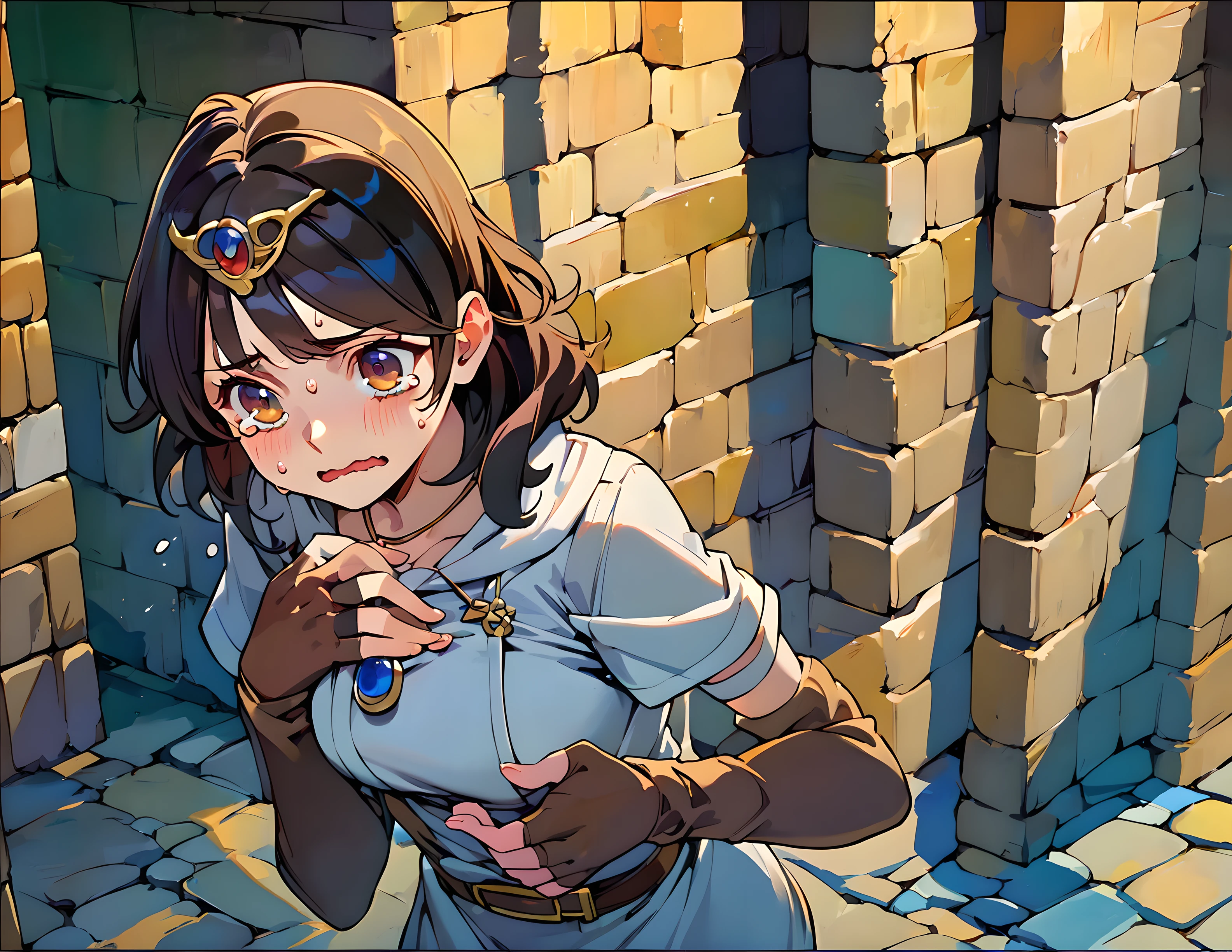 <lora:pony_xl_ki:0.8>,ki,score_9,score_8_up,score_7_up,source_anime,1girl,solo,short dress,short sleeves,brown gloves,elbow gloves,fingerless gloves,blue necklace,dungeon,wall of blocks,cobblestone,dark background,maze,i lost my way,teary eyes,sweat,flustered,impatience,standing,wavy mouth,hands_on_own_chest,upper_body,looking_up,