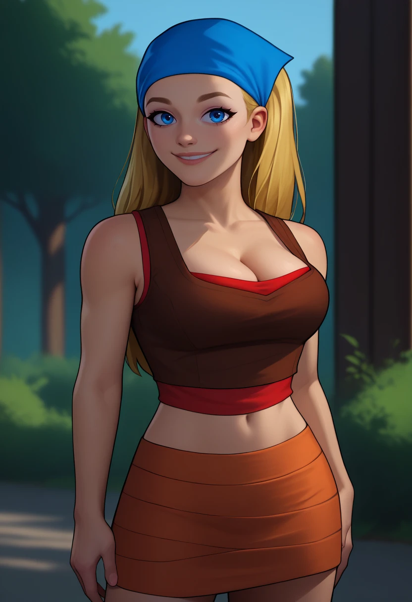 score_9, score_8_up, score_7_up, BREAK, 1girl, solo,  <lora:lindsaytd-guy-PONYv1:1>, lindsaytd, blue bandana, cleavage, red undershirt, brown tank top, midriff, orange skirt, looking at viewer, light smile, hand on own hip, outdoors, depth of field,