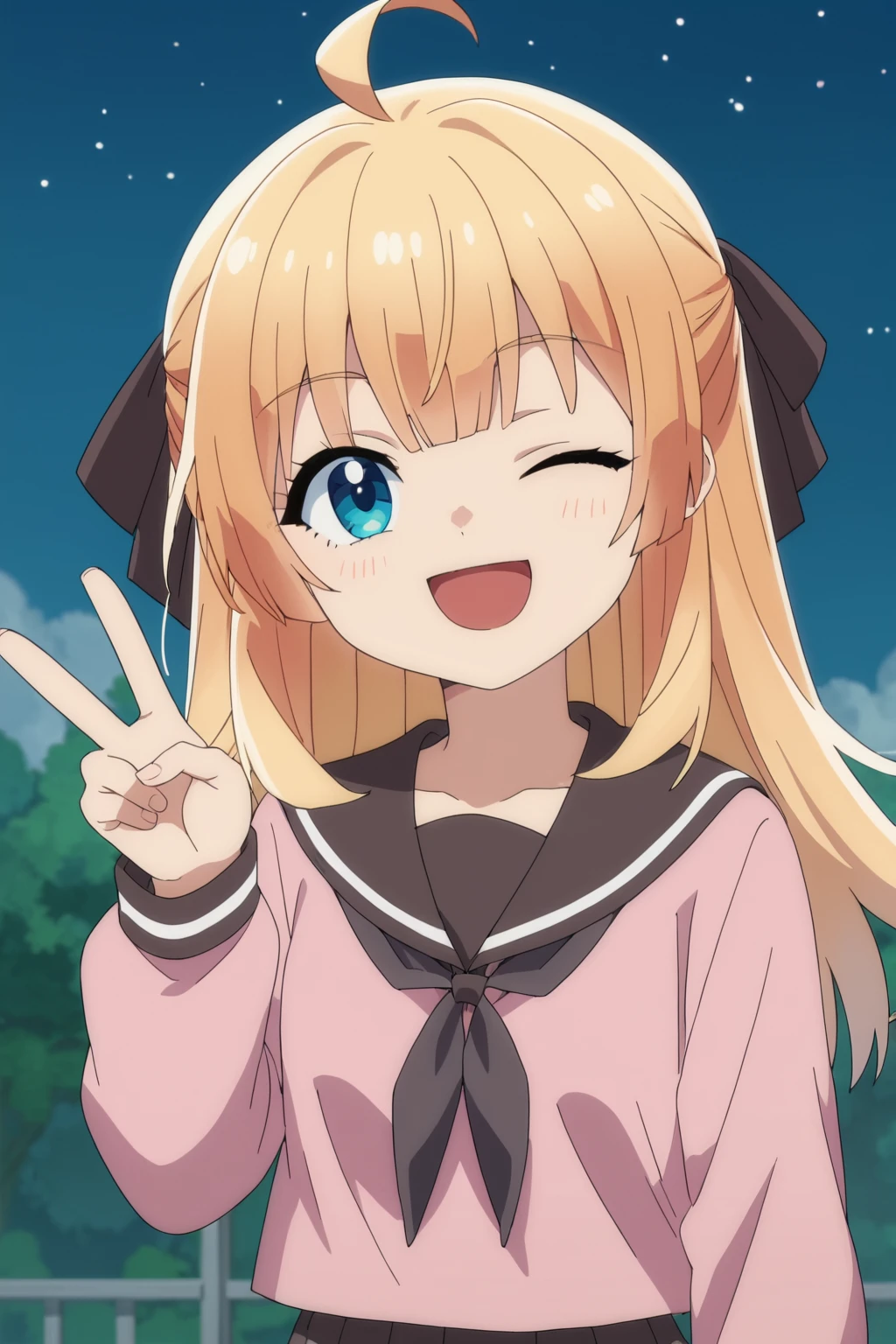 score_9,score_8_up,score_7_up, source_anime, anime screencap, 1girl, <lora:Lysia_Plaid_PonyXL_v2:1>, ahoge, long hair, blonde hair, hair bow, bangs, blue eyes,
pink serafuku, skirt,
one eye closed, open mouth, smile, star, looking at viewer, v,