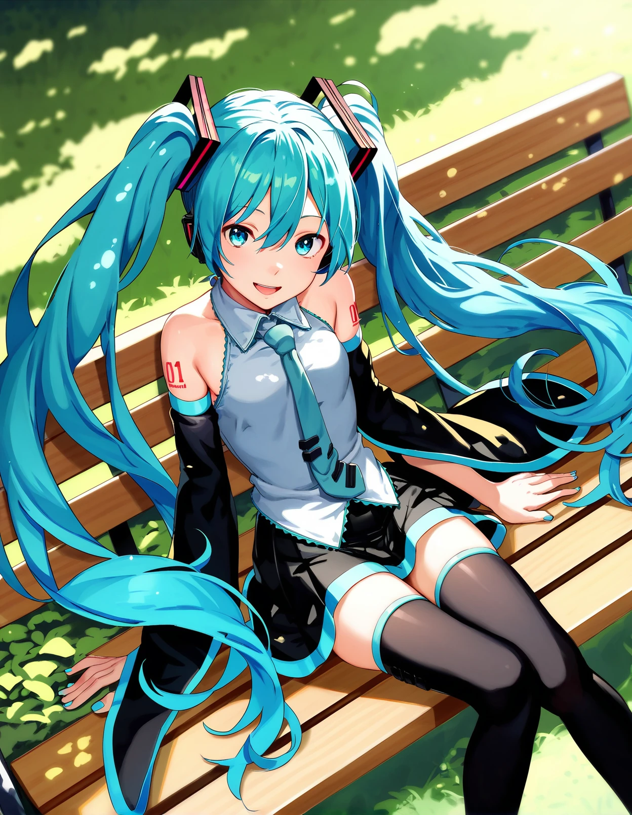 score_9, score_8_up, score_7_up, a girl sitting on a park bench, dutch angle, smile, hatsune miku, detached sleeves, black skirt, black thighhighs, open mouth,
<lora:onizuka_naoshi_style_pony6_v1-000036:1>,