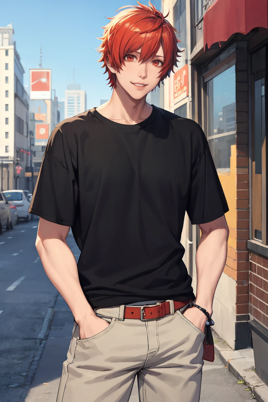 masterpiece, best quality, absurdres, 1boy, solo, IttokiOtoya, short hair, t-shirt, black shirt, hands in pockets, jeans, outdoors, city, smile, <lora:CHAR-IttokiOtoya:1>