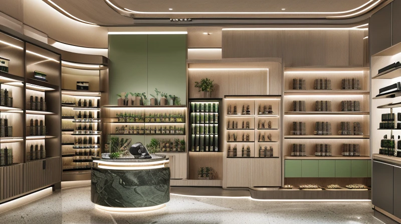 interior perfume shop modern style, black wooden and green light, brutal, bio botanical, Lava style, Chris Bosses
