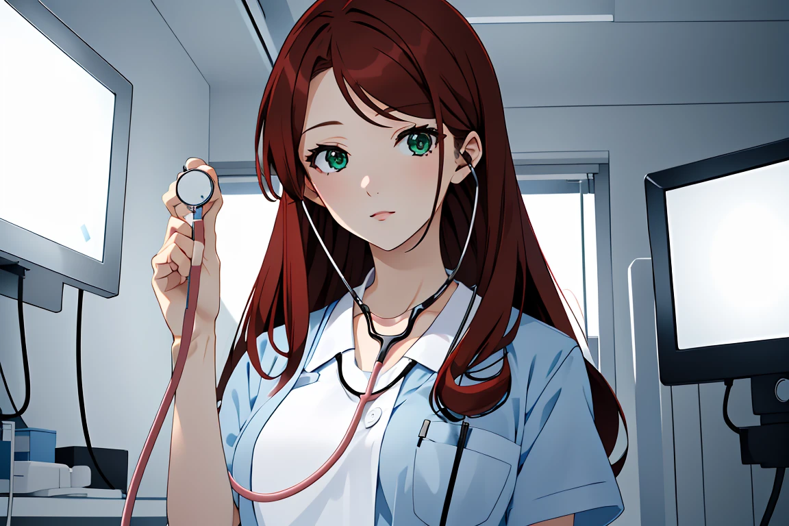 (RAW photo, best quality), operating room, overhead surgical light,blurred background, focused, dithering,backlighting,nurse, nurse cap,
<lora:Sasha_Nakamoto_V1.0-000006:0.58> sasha nakamoto, 1girl, solo, necklace, dark red hair, green eyes, long hair,
 <lora:concept_stethoscope_listen_v2_1:0.9> (stethoscope_listen),