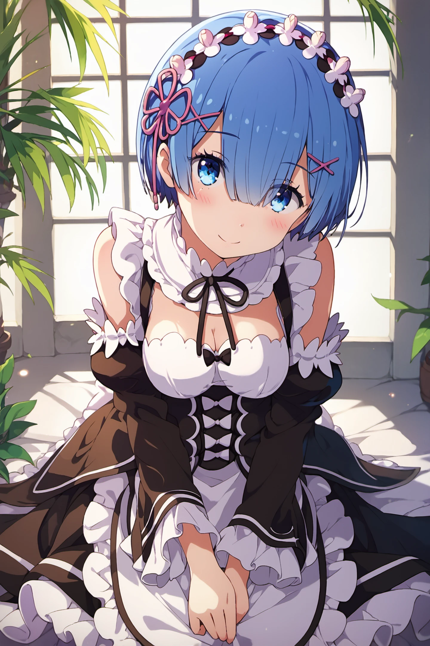 score_9,score_8_up,score_7_up,masterpiece,best quality,very aesthetic,absurdres,official art,official style,
rem (re:zero),1girl,roswaal mansion maid uniform,maid,blue eyes,blue hair,hair over one eye,x hair ornament,short hair,alternate hairstyle,breasts,looking at viewer,detached sleeves,hair ornament,smile,blush,medium breasts,cleavage,maid headdress,ribbon,solo,peeking out,
<lora:è»pote_XL_PONY:0.8>,