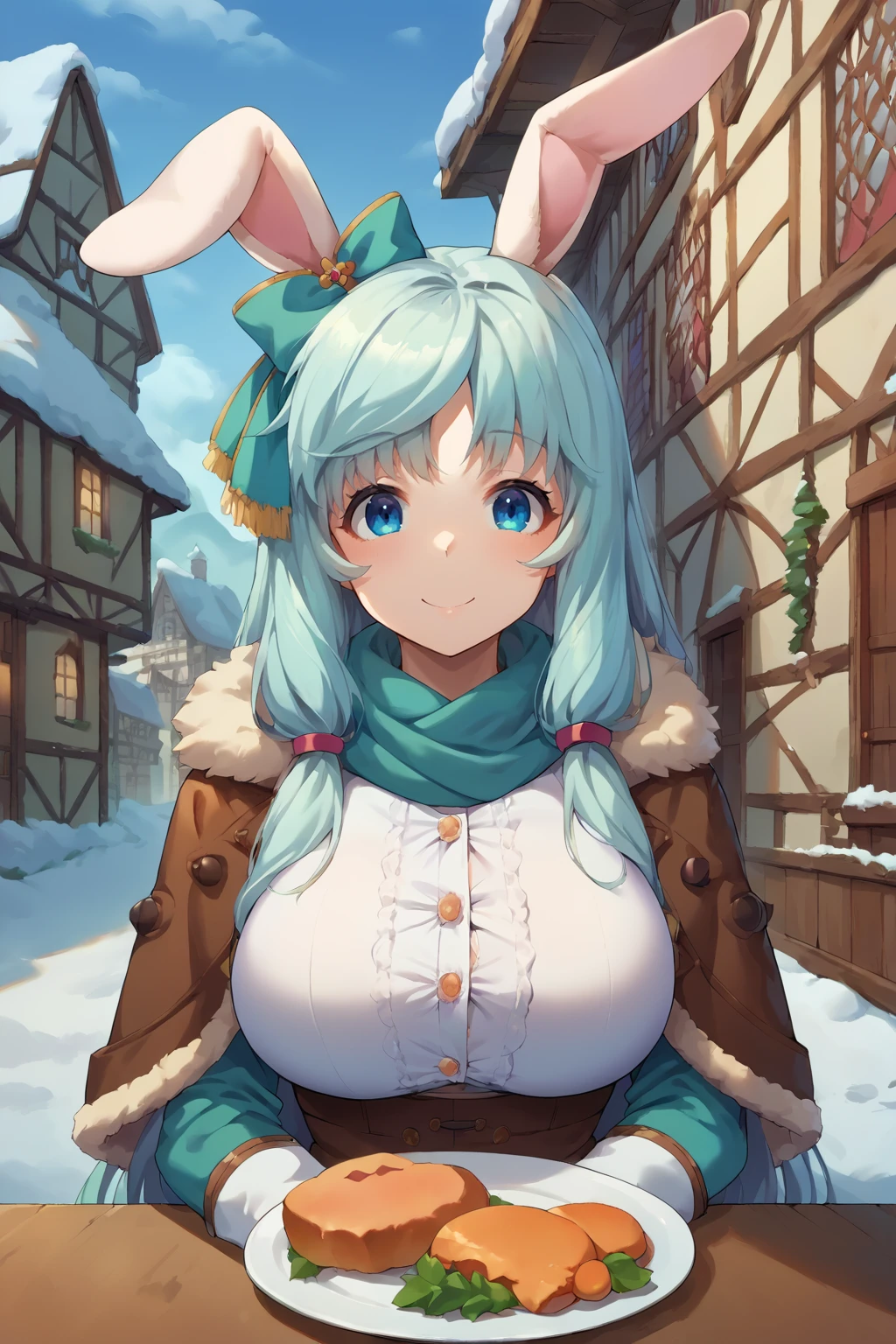 score_9, score_8_up, score_7_up, source_anime, pov across table, looking at viewer, smile, shea haulia, large breasts, very long hair, hair bow, fur jacket, buttons, scarf, sitting, outdoors, table, medieval, town, winter, snow, restaurant, food, <lora:Hoseki_Arifureta_SheaHaulia_PDXL_v1:1>