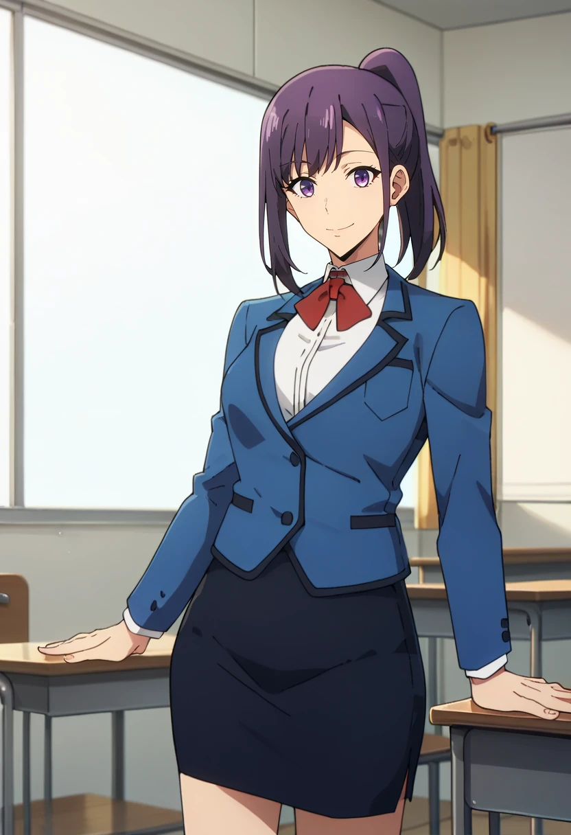 score_9, score_8_up, score_7_up,
<lora:SoloLeveling_SungJinahXL:0.8>, SungJinahSL, 
1girl, solo, closed mouth, light smile,
purple hair, purple eyes, ponytail,
JinahSchool, blue blazer, red bowtie, collared shirt, white shirt, pencil skirt, black skirt, 
standing, looking at the viewer,
indoors, classroom