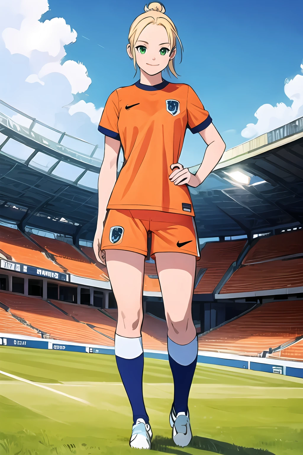 <lora:SC-N3T_Shirt_2024:1>, n3th3rl4nd, sportswear, soccer uniform, orange shirt, shorts, (full body:1.2), 1girl, blonde hair, ponytail, smile, (stadium:1.2), green field, massive breasts, (best quality), (ultra-detailed), (best illustration)