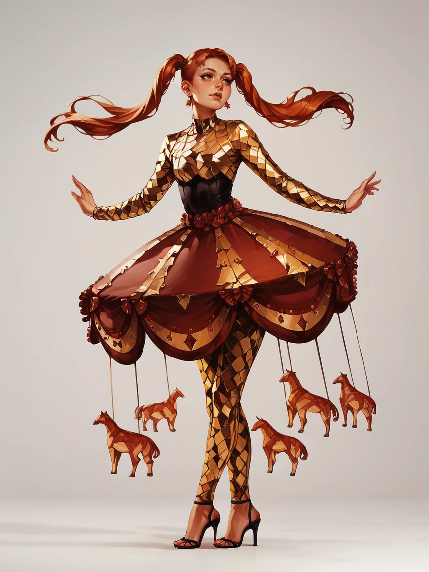 score_9, score_8_up, score_7_up, score_6_up, 1girl, <lora:c1rcusXLP:0.6> c1rcus, dress, pants, high heels, ginger, twintails,