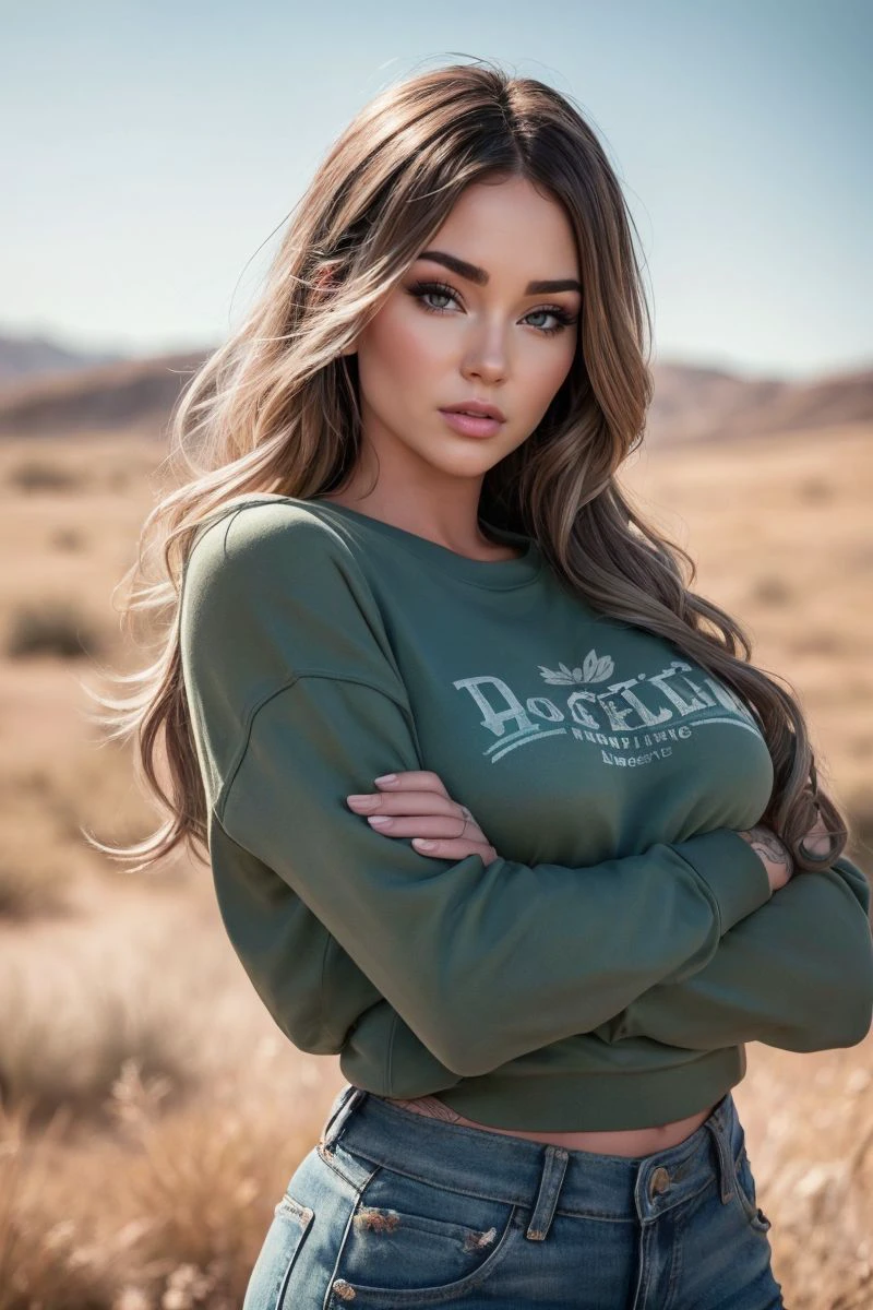 headshot of S418_JessicaWilde,a gorgeous woman,on a (field:1.1),wearing a (sweatshirt:1.1),(4k, RAW photo, best quality, 50mm, depth of field, ultra high res:1.1),(intricate, photorealistic, cinematic-shot, masterpiece, ultra-detailed:1.1),