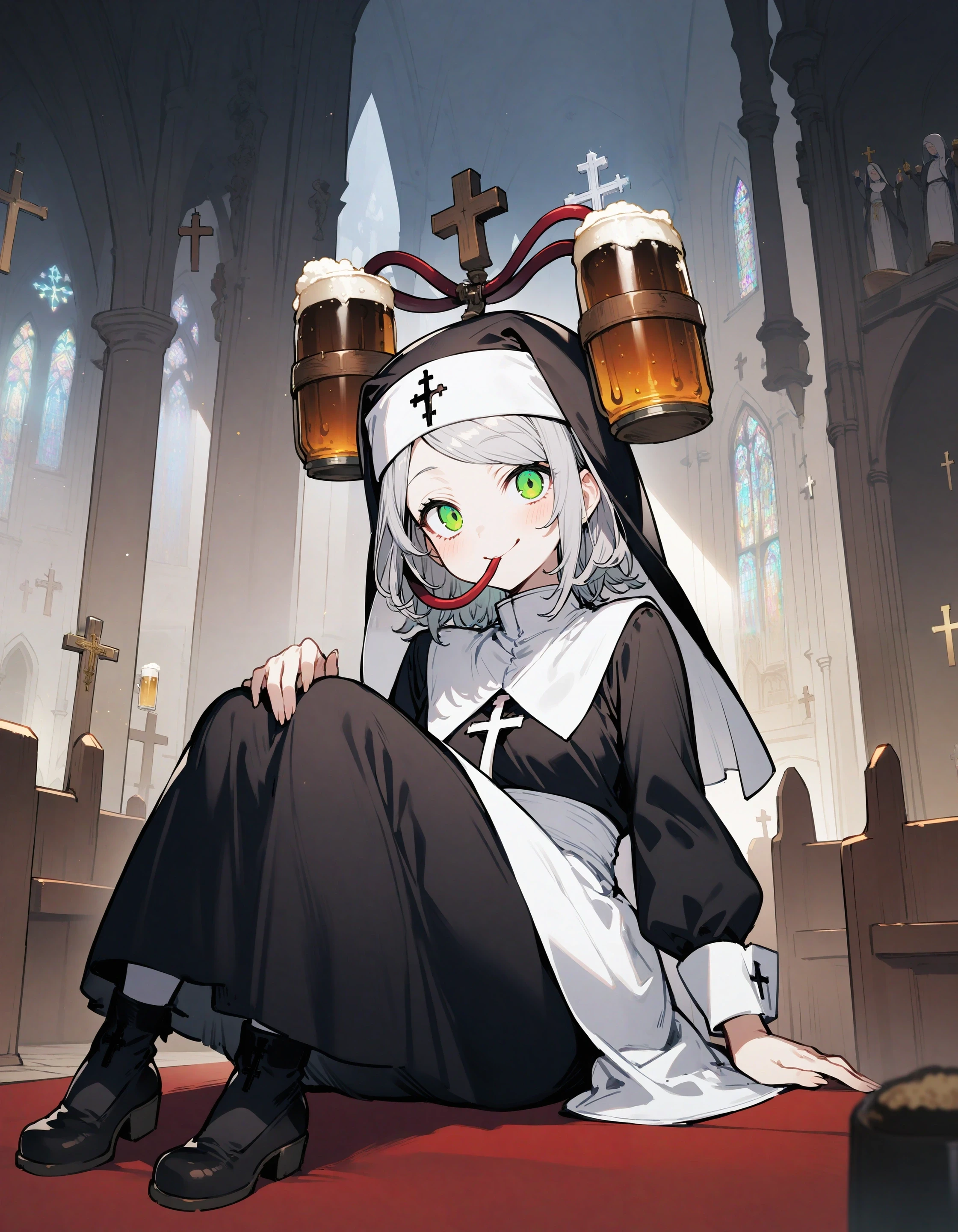 1girl, nun, coif, toridamono, alcohol
beer hat, tube in mouth, beer mug, looking at viewer, traditional nun, cross,
black robe, smile, church, green eyes, gray hair, sitting, full body, 
cover page
<lora:concept_beerhat-v2.8.2-rls:1>