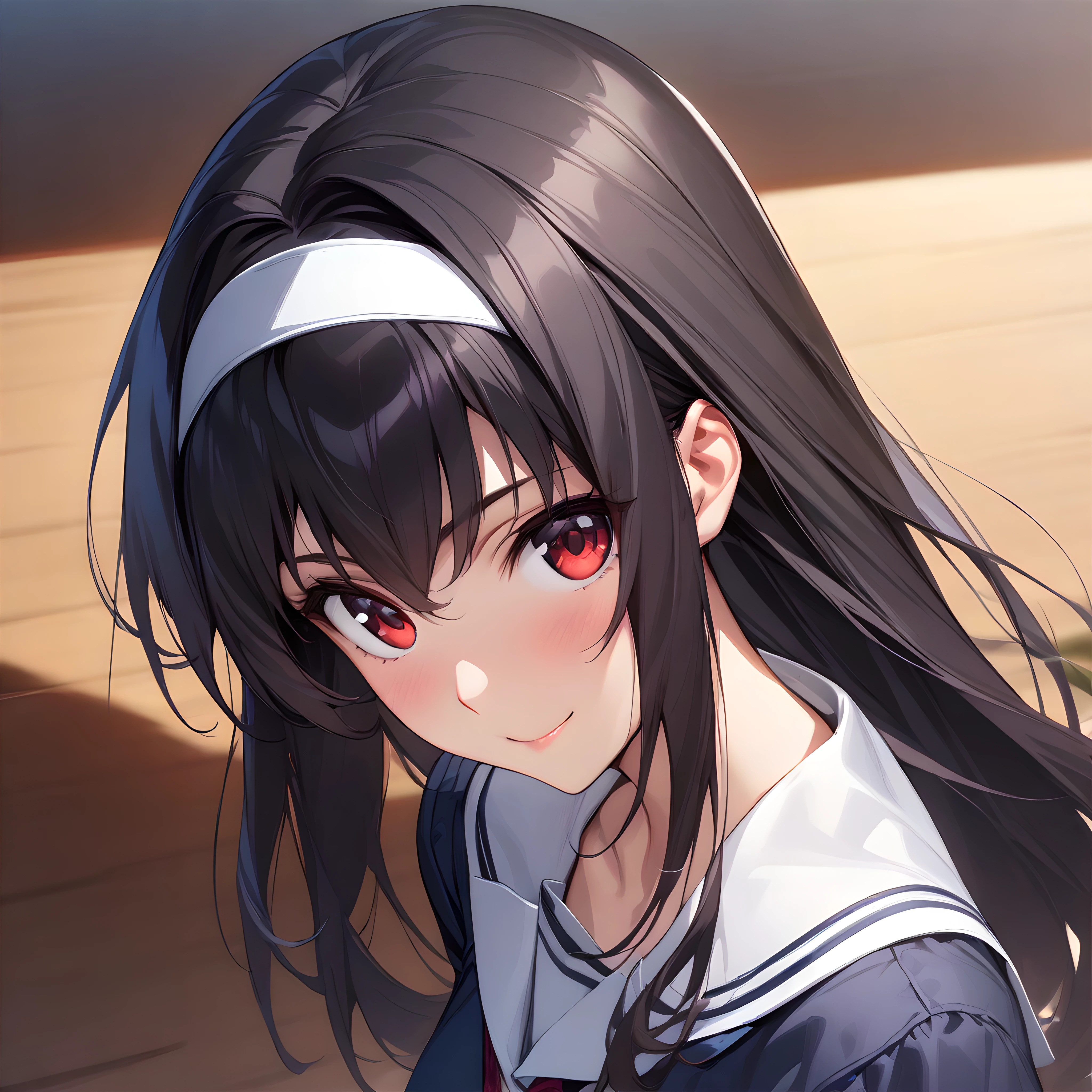 (masterpiece),(best quality),(ultra-detailed),(best illustration),(best shadow),(absurdres),(detailed background),(very aesthetic), 1girl, solo,  kasumigaoka utaha, black hair, hairband, red eyes, long eyes, breasts, smile, portrait, very close-up, school uniform, <lora:XL-KasumigaokaUtahav1:1>