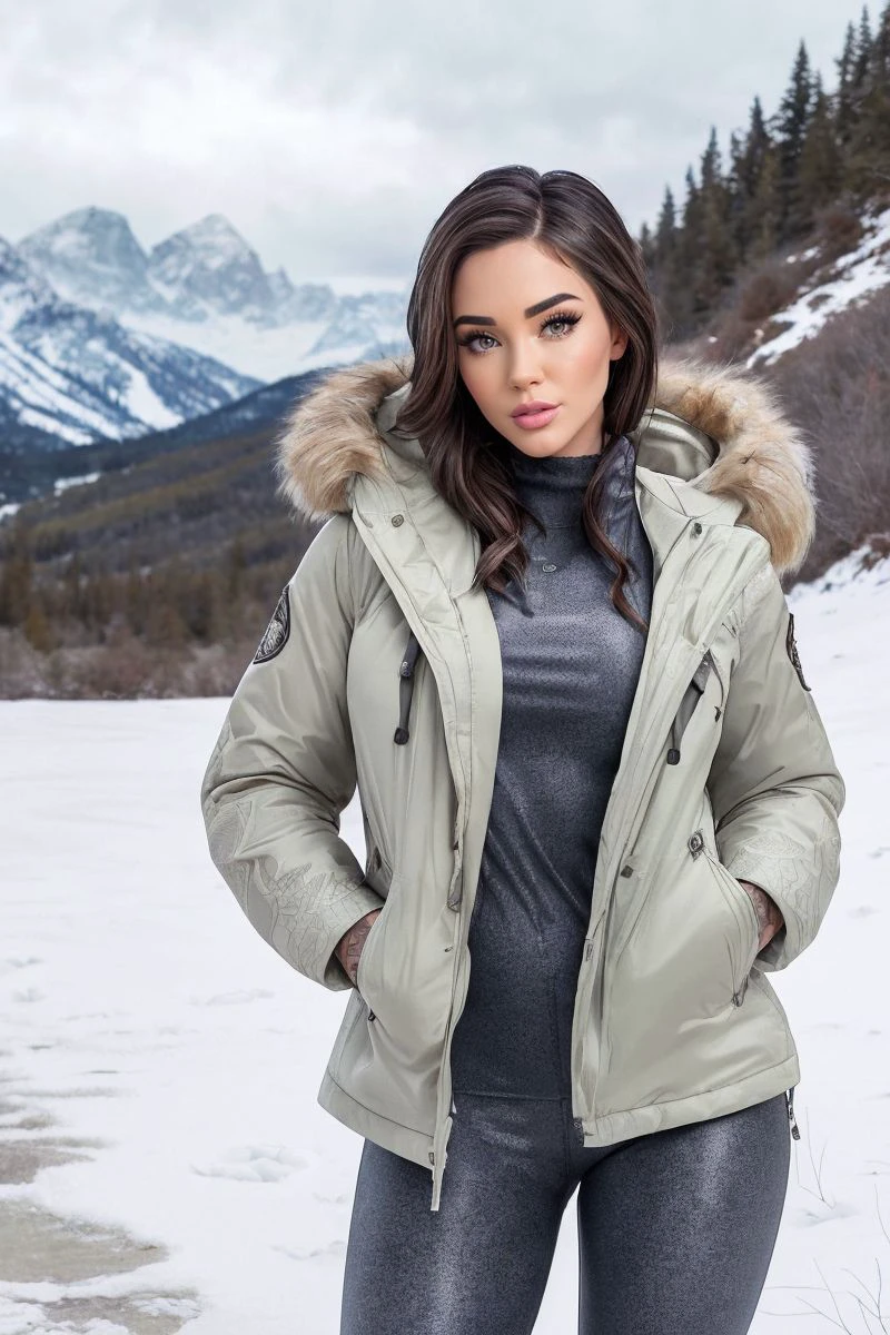 photo of S418_JessicaWilde,a stunning woman,on a (snowy-mountain:1.1),wearing a (parka-jacket:1.1),(leggings),(4k, RAW photo, best quality, 50mm, depth of field, ultra high res:1.1),(intricate, photorealistic, cinematic-shot, masterpiece, ultra-detailed:1.1),