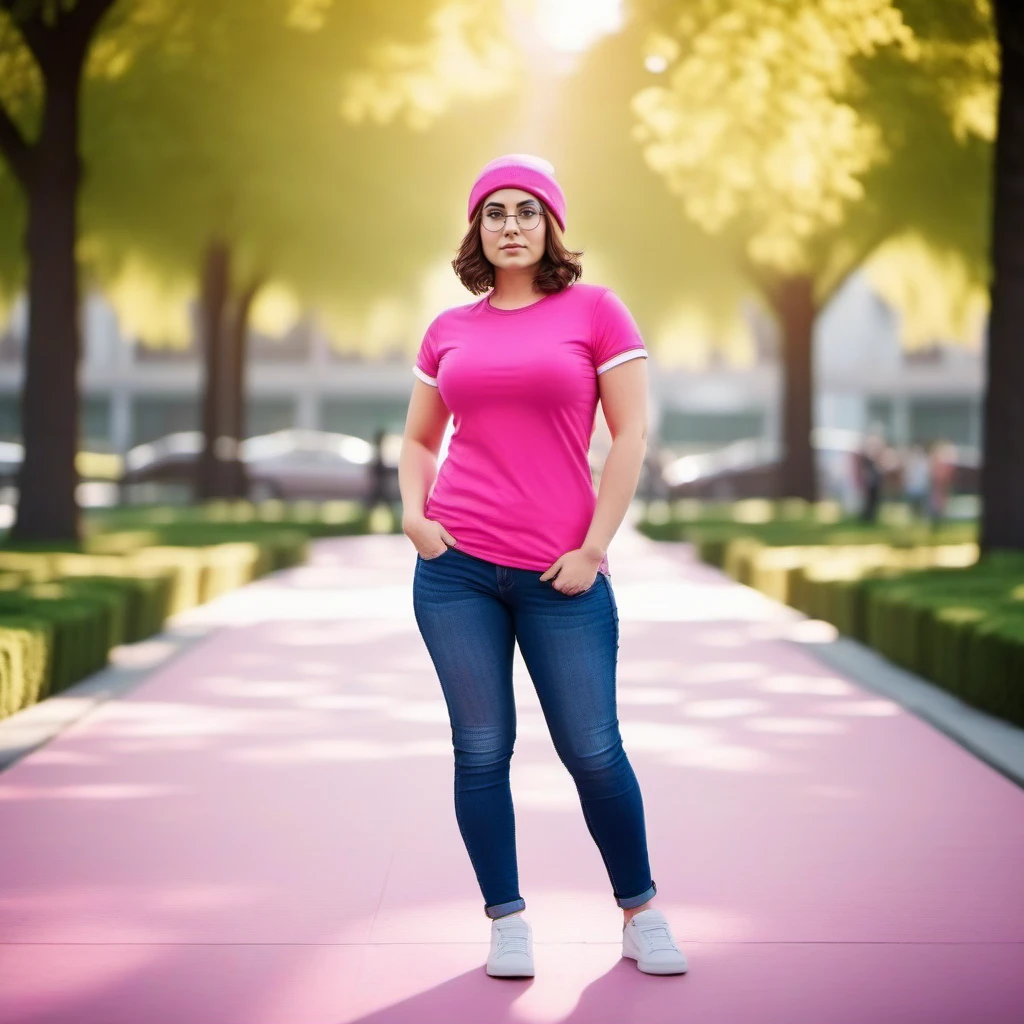 cinematic photo a full body woman, brown hair, glasses, pink shirt, jeans pants, beanie, park<lora:Meg1024:0.8> . 35mm photograph, film, bokeh, professional, 4k, highly detailed