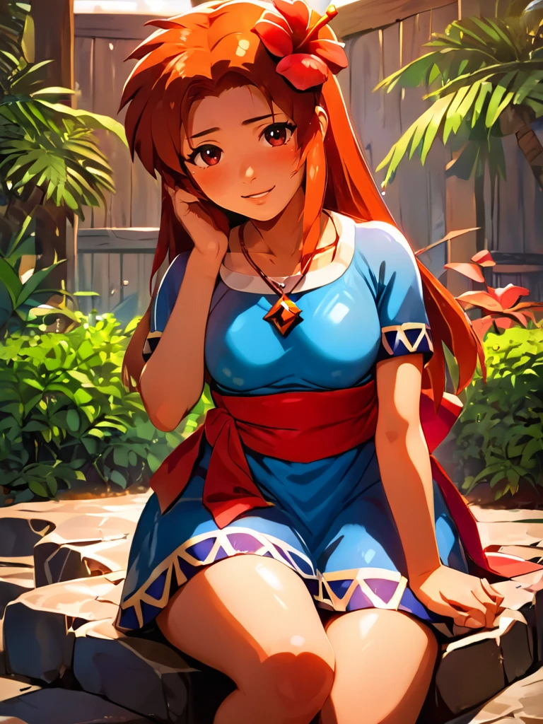 score_9, score_8_up, score_7_up, MarinXLP sitting on a rock, vegetation, from side, solo focus, looking at viewer, sfw, nervous smile, blush, naughty face, cowboy shot, (dynamic pose:1), cute, room, medium breasts, thick thighs, sexy pose, hills, hair ornament, pendant, hibiscus, blue dress, red sash, retro artstyle,
<lora:ZeldaMarinComission_Character:0.8> <lora:ZeldaBotW_Style-10:1>