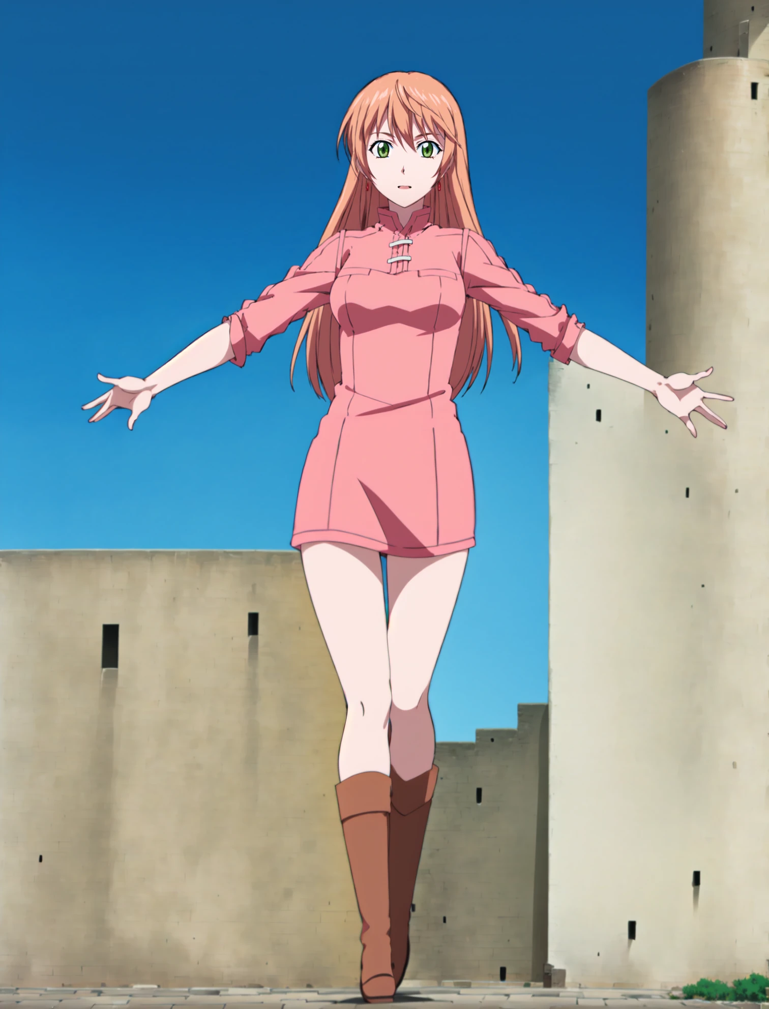 masterpiece, best quality,
 <lora:remerciernike.sd15.v2:0.85> 
remerciernike,  pinkdress, closed mouth, full body, standing, looking at viewer, castle, blurry background, stone wall, sky, open mouth, brown footwear,outstretched arms,