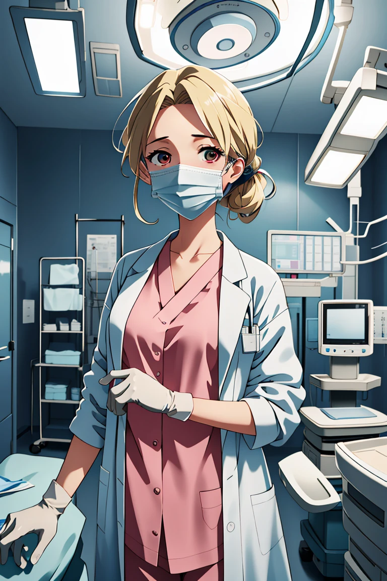 (RAW photo, best quality), operating room, overhead surgical light,blurred background, focused, dithering,backlighting,
 <lora:Sayuri_Brooks_V1.0-000006:0.8> sayuri brooks, 1girl, solo, anime coloring,blonde hair, red eyes, 
<lora:doctor_surgery_V1.0:0.8> doctor_in_surgery, surgical mask, 1girl, indoors, labcoat, gloves, looking at viewer, doctor,