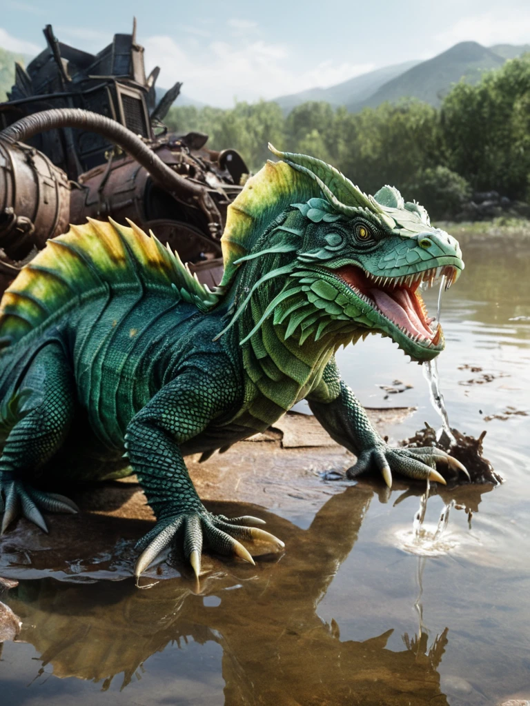 Hyper-realistic, wasteland world, lake splashing, a basilisk carrying its head, masterpiece, realistic, detailed, highest quality, High Quality