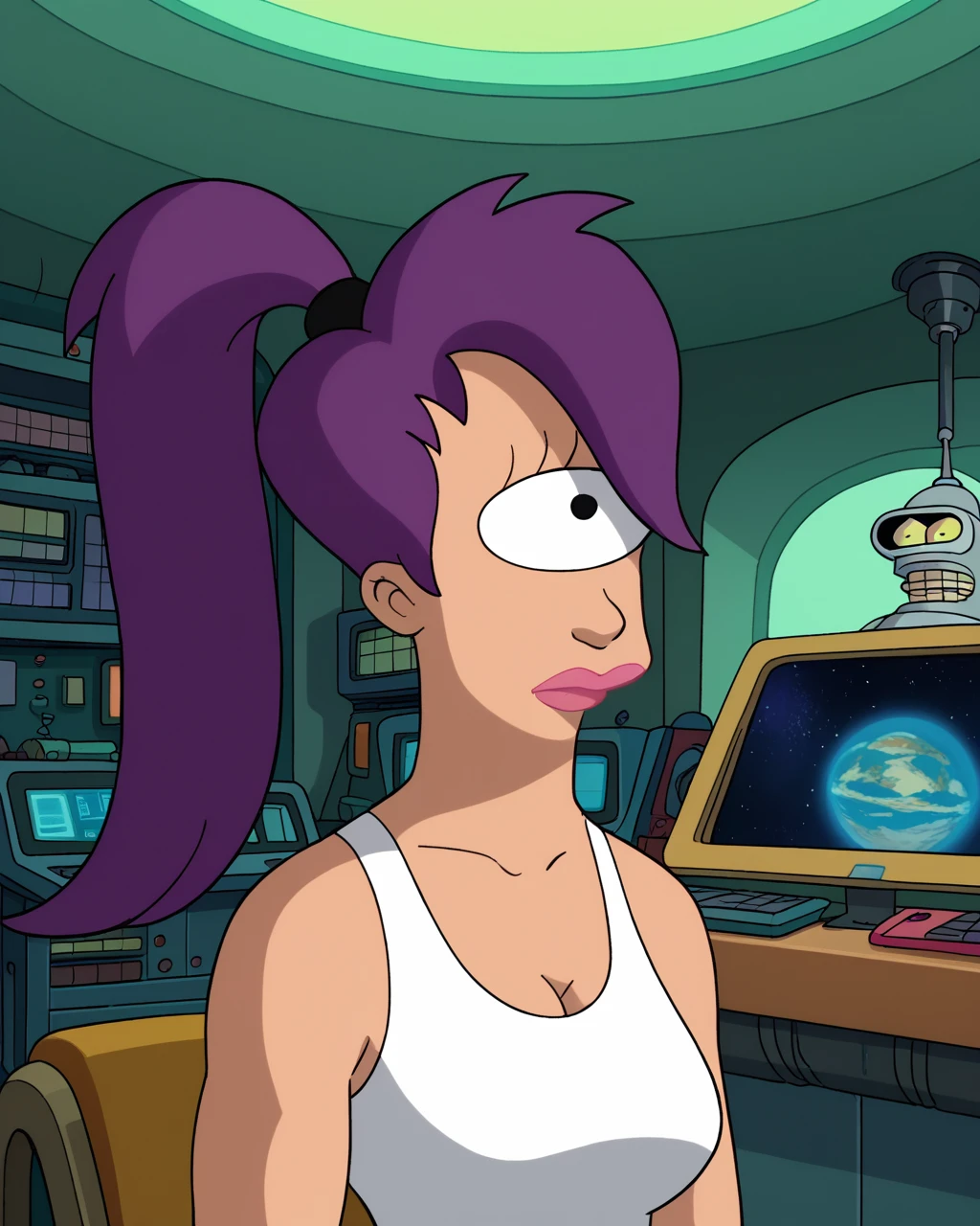 score_9, score_8_up, score_7_up, zPDXL, Leela, purple hair, one-eyed, cyclops, circle eyes, overbite, dot pupil, closes mouth, source_cartoon, futuramastyle, 1girl, solo, long hair, ponytail, makeup, parody, lipstick, interior spacecraft<lora:Futurama_Style:1>