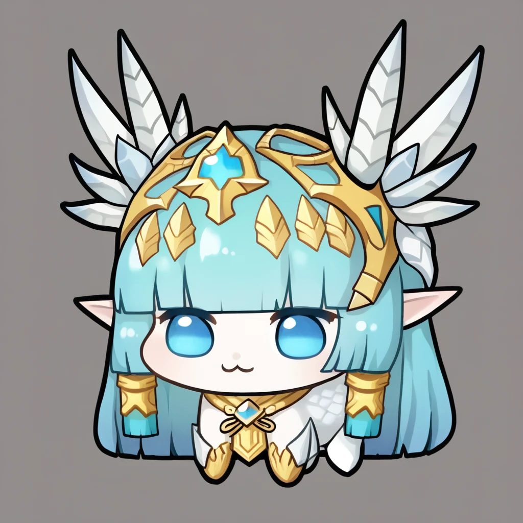 <lora:Doro_X_PDXL_V1:1.0> doro, creature, :3, chibi, no humans, white skin, four legs, solid circle eyes, no pupils <lora:laiaskr-ponyxl-bshi-v1:1>  LaiasKR, blue eyes, aqua hair, blunt bangs, dragon horns,headpiece, hair tubes, simple background, pointy ears,