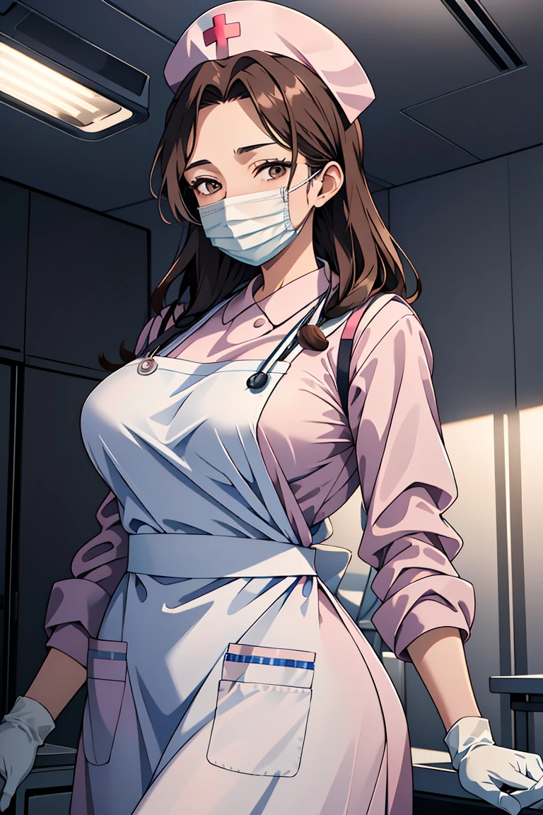 (RAW photo, best quality), operating room, overhead surgical light,blurred background, focused, dithering,backlighting,
 <lora:Reachel _Skalmon_V1.0-000005:0.58> reachel skalmon, 1girl, solo, mature female,brown hair, brown eyes,
  <lora:Long Apron Nurse v2:0.8> (nurse_long_apron, apron, nurse cap, surgical mask, latex gloves, long sleeves,long dress),