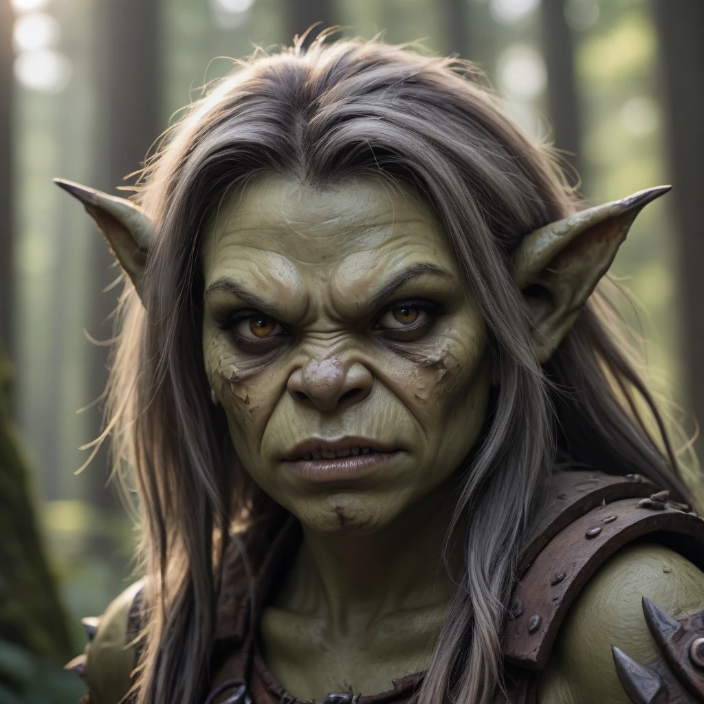photo closeup of a ork woman forest background, natural light