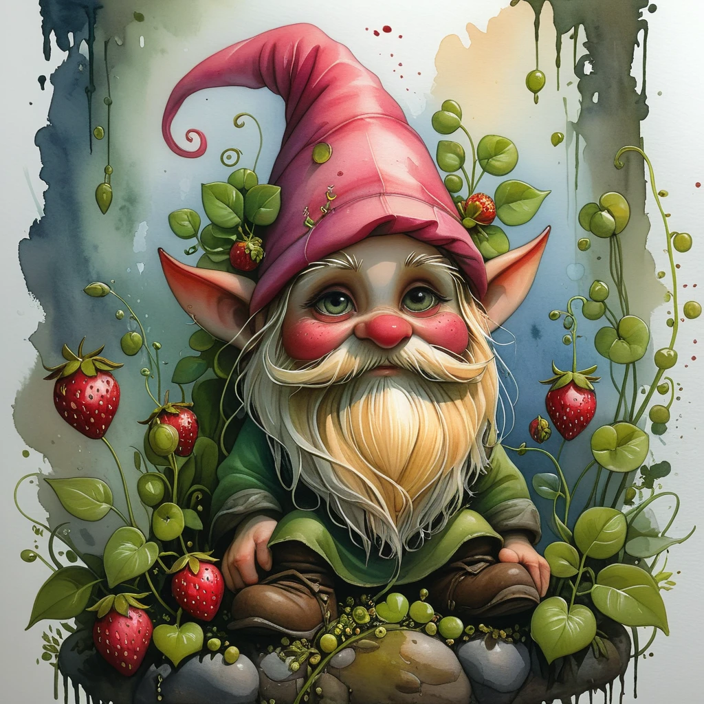 <lora:artfullyONEHUNDRED_SDXL_V1:1>, art100th,(((garden gnome))), cottage core, viking lore, recovery, watercolor, monet, strawberries and pea tendrils, sugar snap peas and bleeding heart