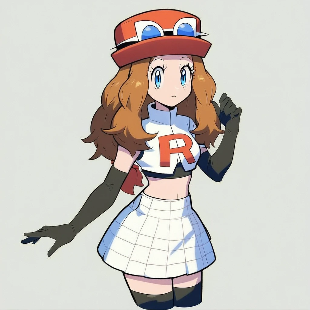 score_9, score_8_up, score_8, cute, eyelashes,  (curvy), solo, detailed, eyes,  serena, long hair, blue eyes, brown hair, Cosplay_TeamRocket, team rocket uniform, white jacket, cropped jacket, white skirt, elbow gloves, black thighhighs, zettai ryouiki,