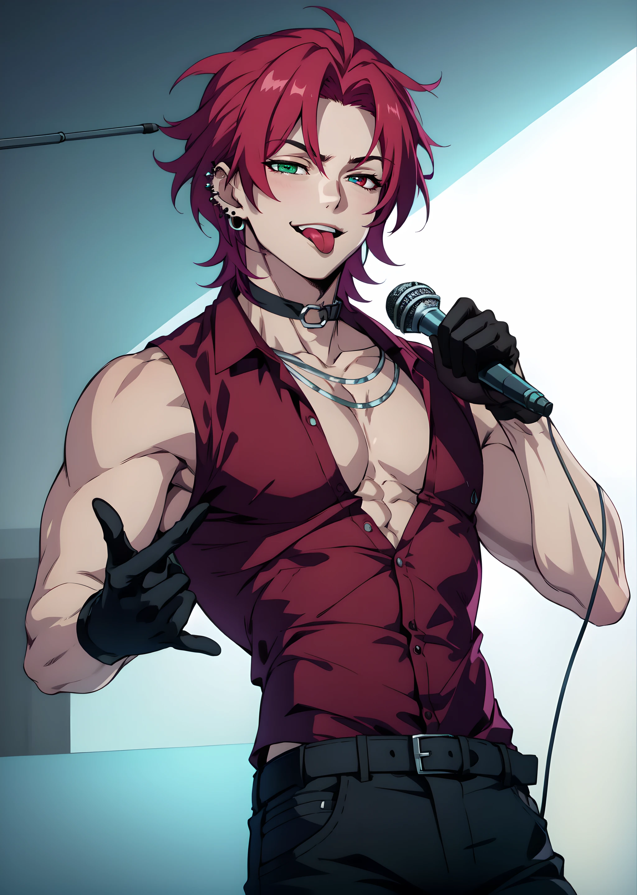 hskayn, solo, looking at viewer, smile,shirt, red eyes, gloves, 1boy, holding, jewelry, green eyes, male focus, red hair, earrings, teeth, sleeveless, choker, tongue, black gloves, pants, tongue out, necklace, parted bangs, muscular, heterochromia, black choker, black pants, piercing, pectorals, muscular male, red shirt, ear piercing, microphone, o-ring, holding microphone, pectoral cleavage,
<lora:Heartsleet_Kayn2:0.7>,
