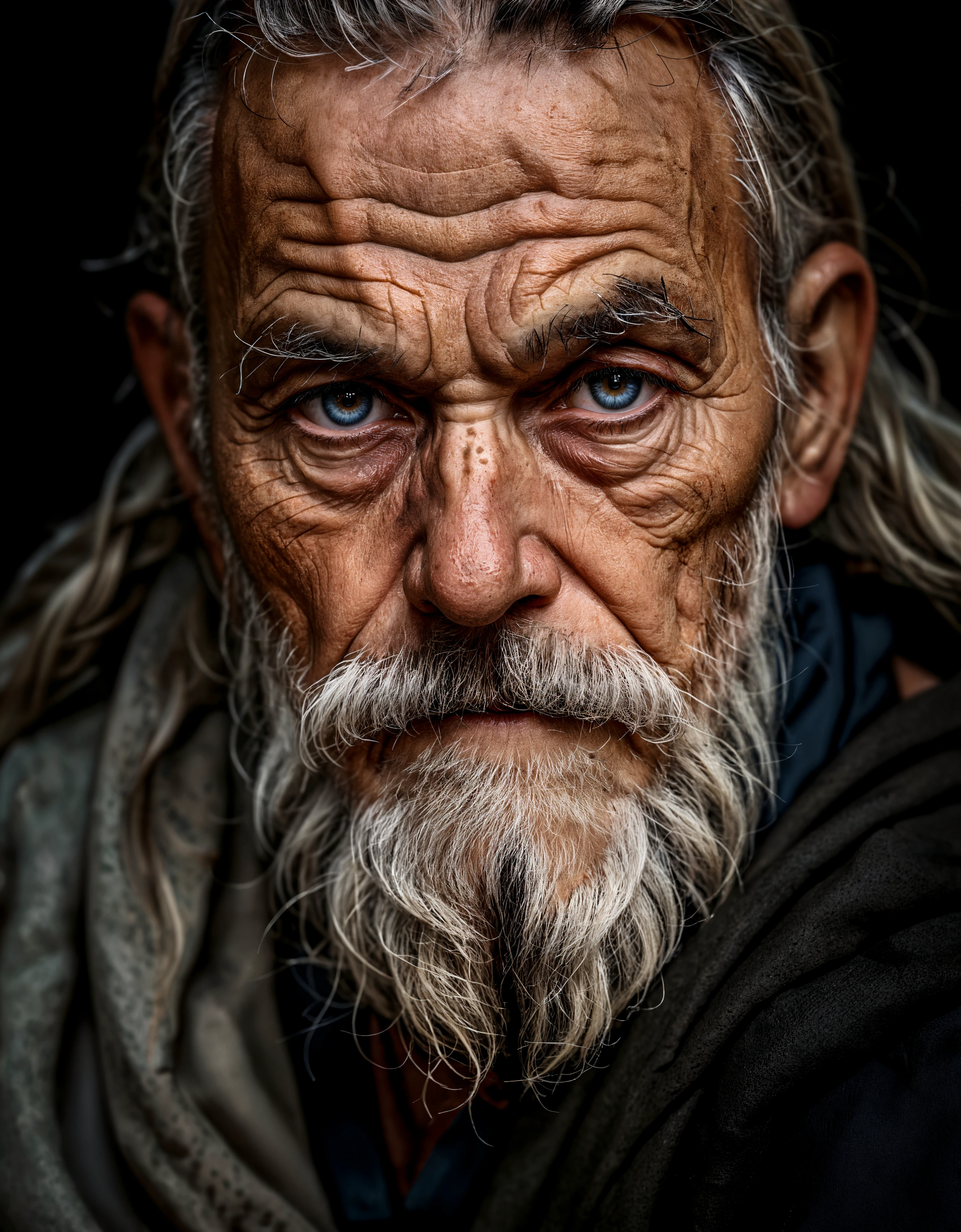 (zavy-ldprtrt), old man, upper body, realistic, looking at viewer, an old sage with a long beard, eyes that have seen centuries, natural shadow, depth of field, aesthetic, wise and enigmatic