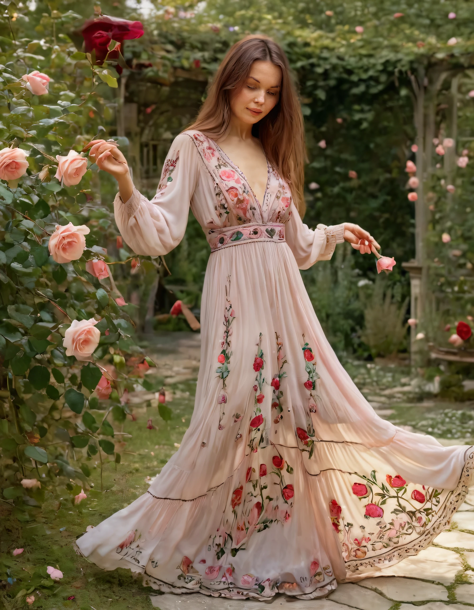 In this surreal scene, Jana dressed in her bohemian attire, donning a flowing dress with delicately embroidered florals, embraced a graceful pose amidst the whimsical outdoor garden setting, as she reached out to pick a fragrant rose symbolizing the harmony between nature and femininity while capturing everyone's attention. <lora:wrljju18f9afa8e34u617:1>
