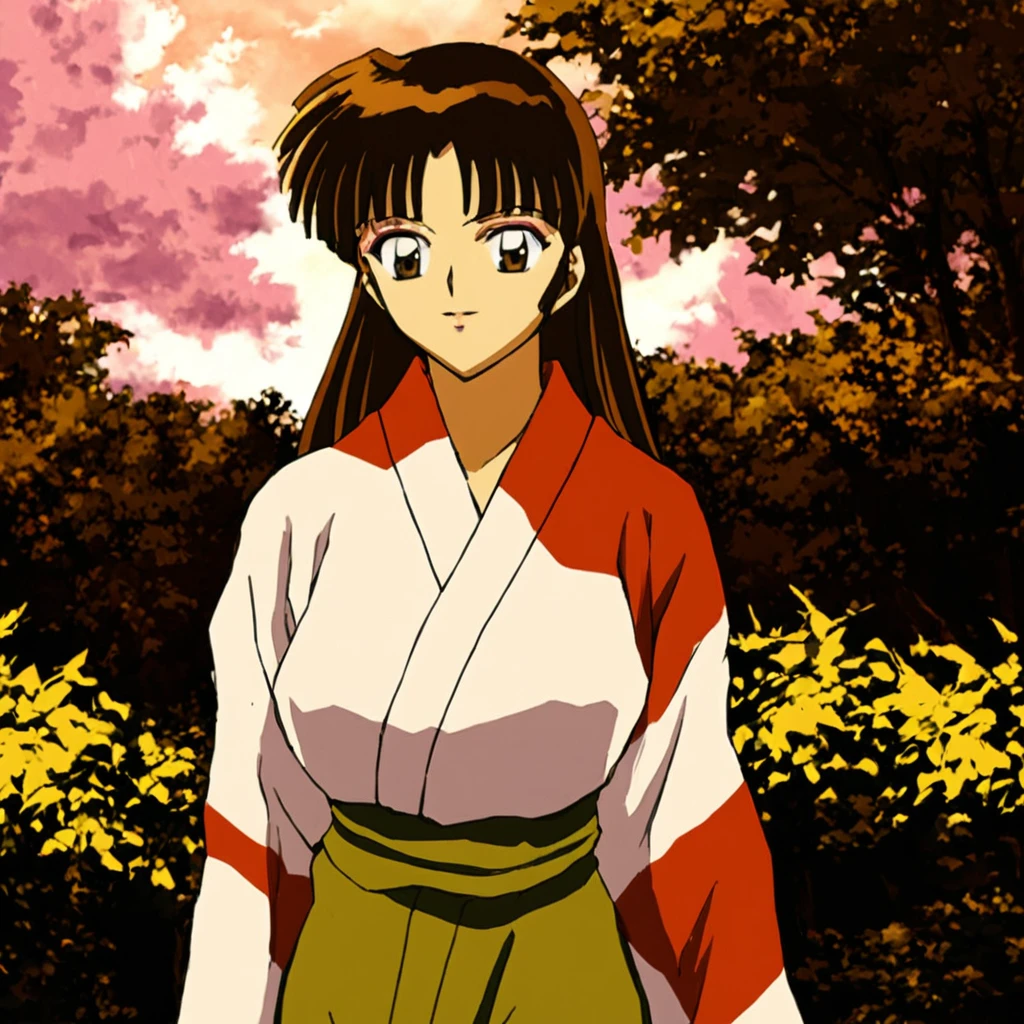 <lora:SangoA:1> 1girl, solo, long hair, brown hair, brown eyes, bangs, makeup, kinomo, japanese clothes, standing, looking at viewer, nature, cloud, 1990s (style), retro artstyle, anime coloring