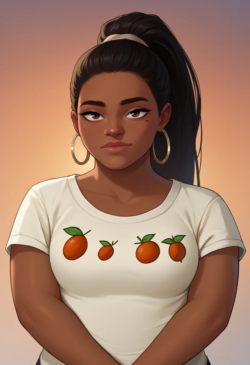 score_9, score_8_up, score_7_up, BREAK, 1girl, solo, <lora:leshawnatd-guy-PONYv1:1>, leshawnatd, dark skin, ponytail, mole under eye, hoop earrings, white shirt, food print, fruit, short sleeves, breasts, portrait, looking at viewer, upper body,