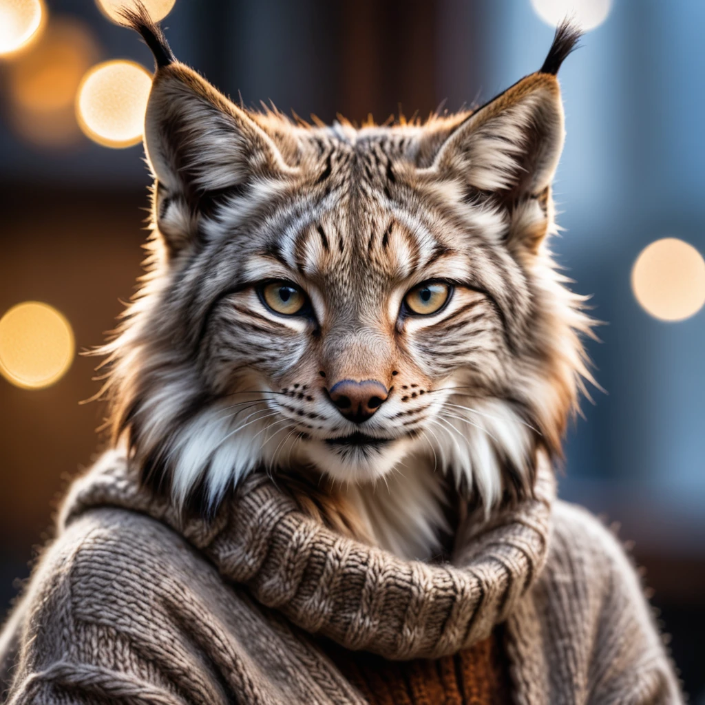 Closeup photo, anthro furry lynx female ,wearing a wool sweater, high quality photography, 3 point lighting, flash with softbox, 4k, Canon EOS R3, hdr, smooth, sharp focus, high resolution, award winning photo, 80mm, f2.8, bokeh