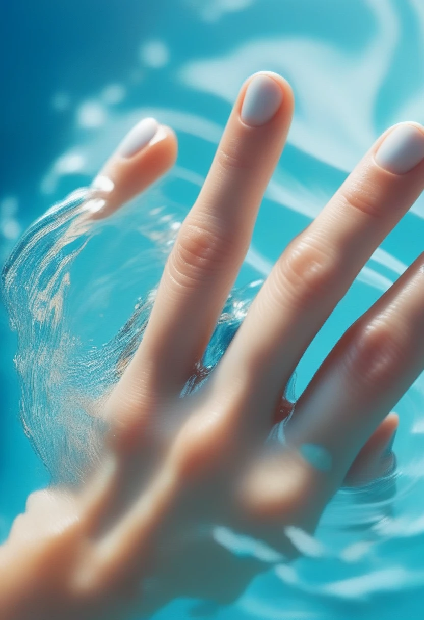 <lora:nail_SDXL:1> A hand interacts on the clear blue water, creating ripples and splashes. The background is an even blue tone that matches the water color, nail