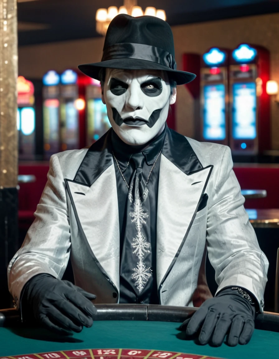 male mature, black hair, facepaint, black gloves, gangster mafia outfit, black white suit, gangster hat, sitting by a table in a dusty smoky casino