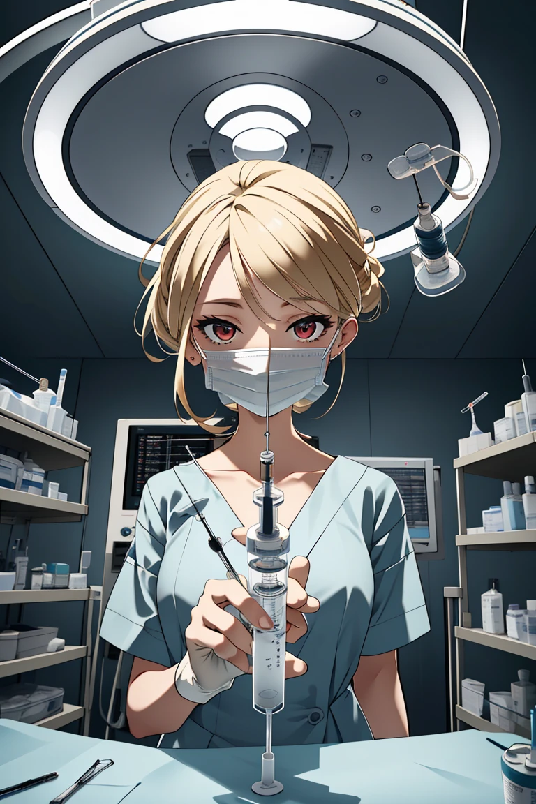 (RAW photo, best quality), operating room, overhead surgical light,blurred background, focused, dithering,backlighting,
 <lora:Sayuri_Brooks_V1.0-000006:0.55> sayuri brooks, 1girl, solo, anime coloring,blonde hair, red eyes, 
 <lora:injection_V1.0:0.8> injection_pov, 1girl, solo, looking at viewer, holding, syringe, surgical mask, holding syringe,