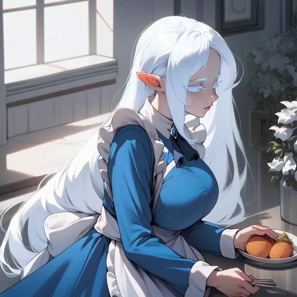 score_9, score_8_up, score_7_up, BREAK source_anime, schnee raizar, blue eyes, white eyelashes, white hair, long hair, large breasts, pointy ears, long blue dress, white apron, long sleeves,