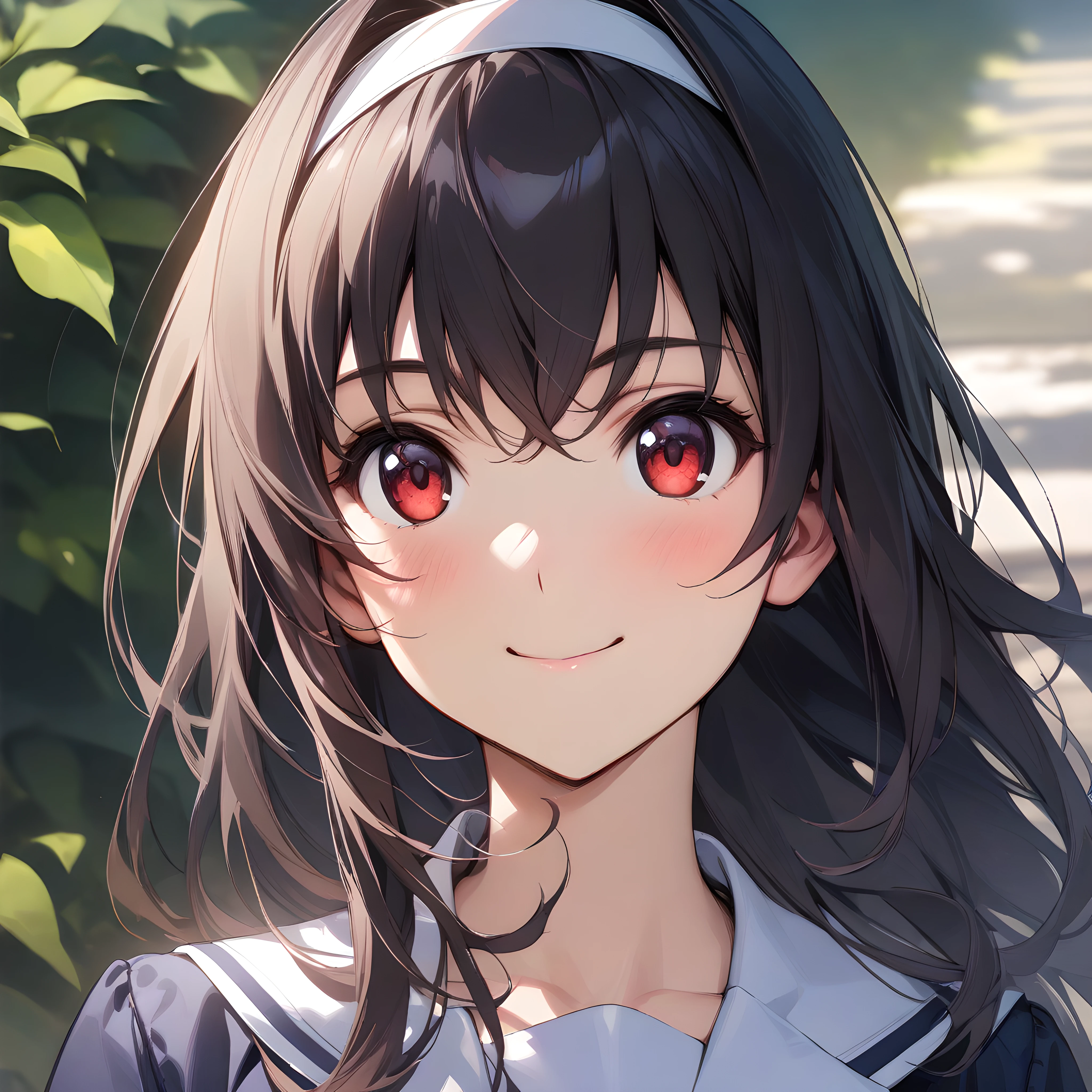 (masterpiece),(best quality),(ultra-detailed),(best illustration),(best shadow),(absurdres),(detailed background),(very aesthetic), 1girl, solo,  kasumigaoka utaha, black hair, hairband, red eyes, long eyes, breasts, smile, portrait, very close-up, school uniform, <lora:XL-KasumigaokaUtahav1:1>