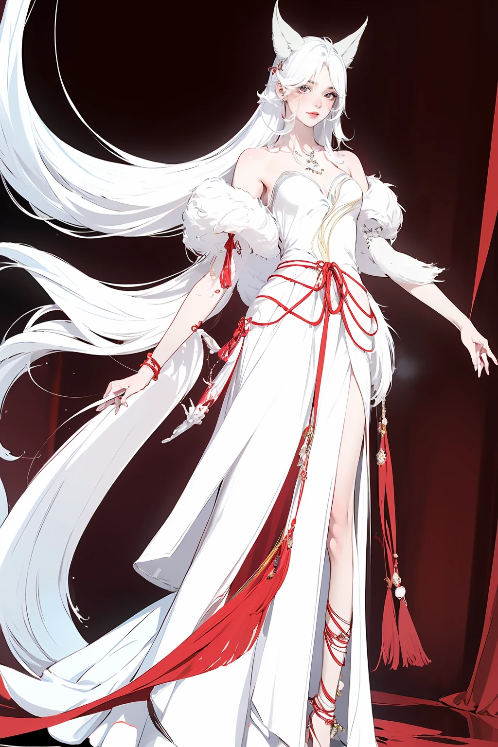 (masterpiece, best quality,masterpiece,illustration,),
red background,very long hair,white hair,solo,standing,
<lora:bailingFOX:1>,bailingFOX,fox ear,white dress,bare shoulders,jewelry,bare legs,