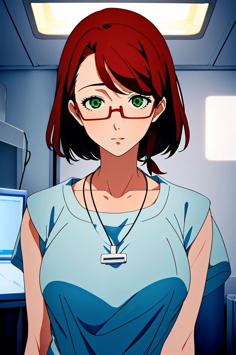 (RAW photo, best quality), operating room, overhead surgical light,blurred background, focused, dithering,backlighting,
 <lora:Sasha_Nakamoto_V1.0-000005:1> sasha nakamoto, 1girl, solo, necklace, dark red hair, green eyes,