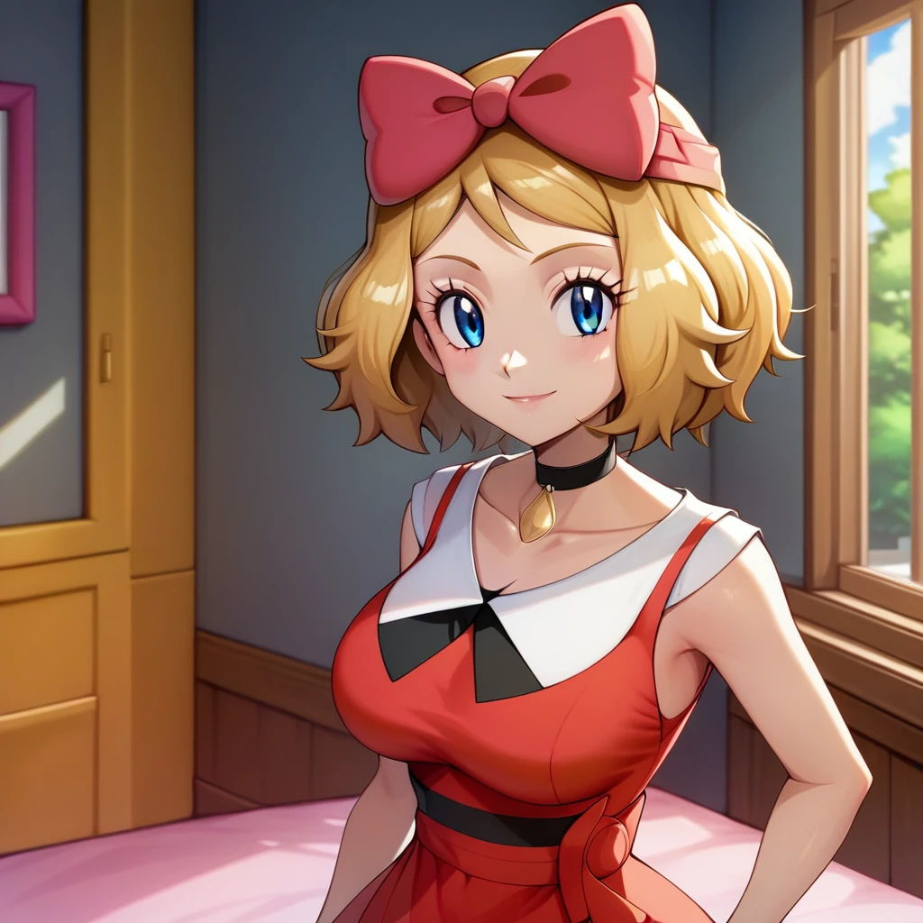 masterpiece, best quality, 1girl,serena \(pokemon\), short hair, blonde hair, blue eyes, eyelashes, black choker, hair bow, dress, collarbone, large breasts, smile, looking at viewer, solo, indoors, bedroom background