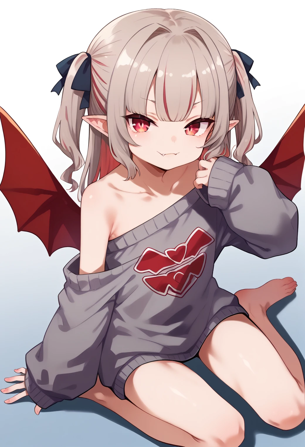 score_9, score_8_up, score_7_up, utsusumi_kio_style, simple background,
(masterpiece, best quality), fcDetailPortrait, solo, 1girl, mririmu, grey hair, two side up, fang, wings, red wings, flat chest,
sweater, bare shoulders, strapless, grey sweater, sleeves past wrists, bare legs,
looking at viewer, closed mouth, skin fang,
sitting, on floor,