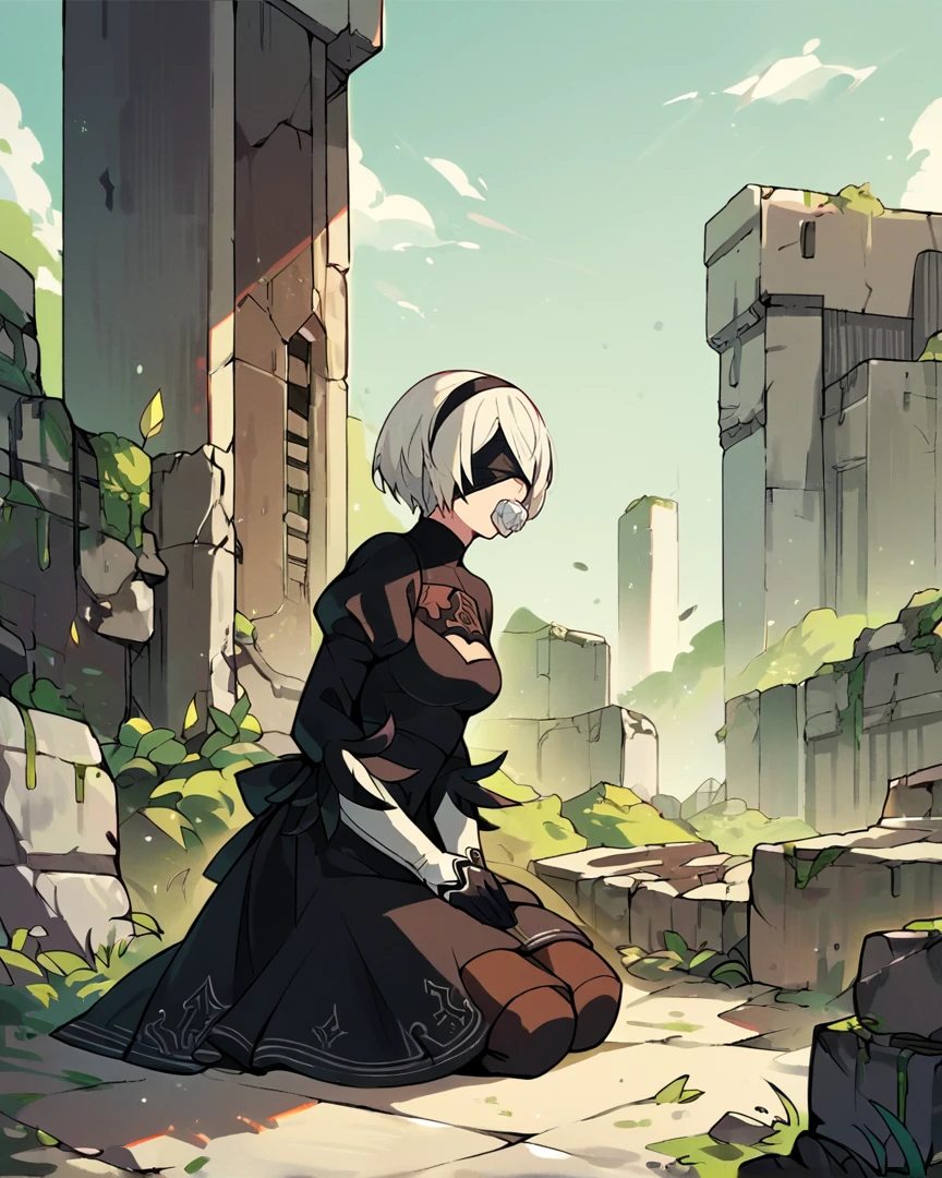 1girl, solo, 2b, nier automata, white hair, black dress, blindfold, pantygag, kneeling, outside, overgrown ruins, <lora:Pantygag_Concept_Lora_Pony-000006:1>,, , score_9, score_8_up, score_7_up, score_6_up, score_5_up, score_4_up, source_anime,masterpiece,