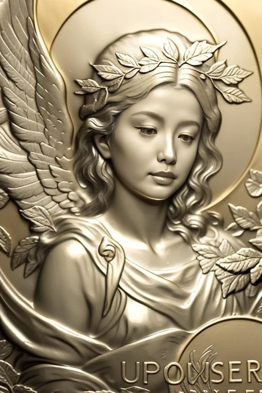 masterpiece, best quality, 1girl, angel, angel wings,  English text, feathered wings, upper body, face focus, buildings, holding leaves, metal relief coin, Golden coin, round