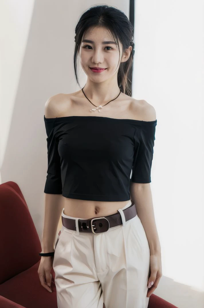 1girl, solo, small breasts, looking at viewer, realistic, photorealistic, black hair, long hair, brown eyes, jewelry, necklace, lips, smile, hyper detailed, super sharp, crisp, smooth, smooth gradients, depth of field, (in studio: 1.1), (white background: 1.1), <lora:longxin:1>, <lora:breastsizeslideroffset:-0.3>, <lora:skin_slider_v2_1_FACE:0.5>, <lora:add_detail_v5:1>, belt, black belt, black ribbon, black shirt, collarbone, midriff peek, navel, off shoulder, off-shoulder shirt, pants, red pants, shirt, short sleeves,