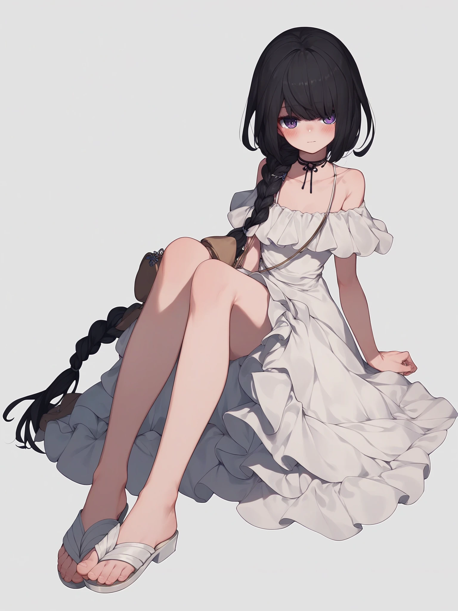 (score_9,score_8_up,score_7_up,),solo,white dress,off-shoulder dress,frilled dress,black hair,braid,white background,full body,purple eyes,long hair,white footwear,choker,bangs,standing,single braid,(blush:1.2),sandals,bare shoulders,closed mouth,virtual youtuber,black choker,braided ponytail,shoulder bag,ribbon choker,spaghetti strap,toes,<lora:MIKifn:0.9>,sitting,foot focus,simple background,(covering_eyes:1.1),