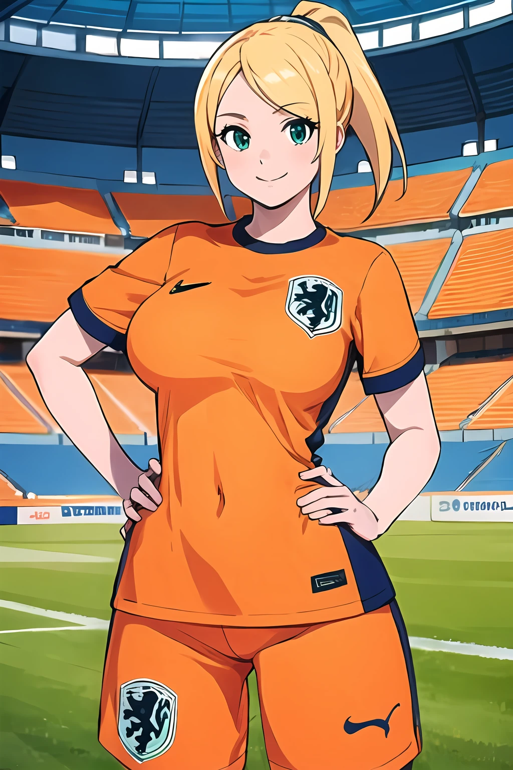 <lora:SC-N3T_Shirt_2024:1>, n3th3rl4nd, sportswear, soccer uniform, orange shirt, shorts, (cowboy shot:1.2), 1girl, blonde hair, ponytail, smile, (stadium:1.2), green field, massive breasts, hands on hip, standing, (best quality), (ultra-detailed), (best illustration)