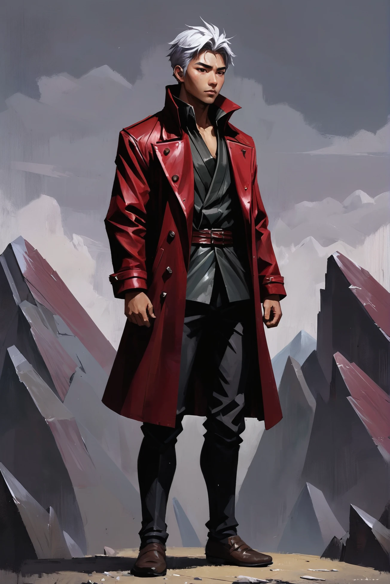 rough textured digital painting, palette knife, anime style, (full body:1.2), 1boy, man, ruggedly handsome, solo, [:fantastical costume design,:0.2] demolitionist, shiny maroon longcoat, (asian:1.3), dimgray hair, (solid:1) build,Mineral Rich Outcrops<lora:EnvyStarlightJaggedCrystal01:1>